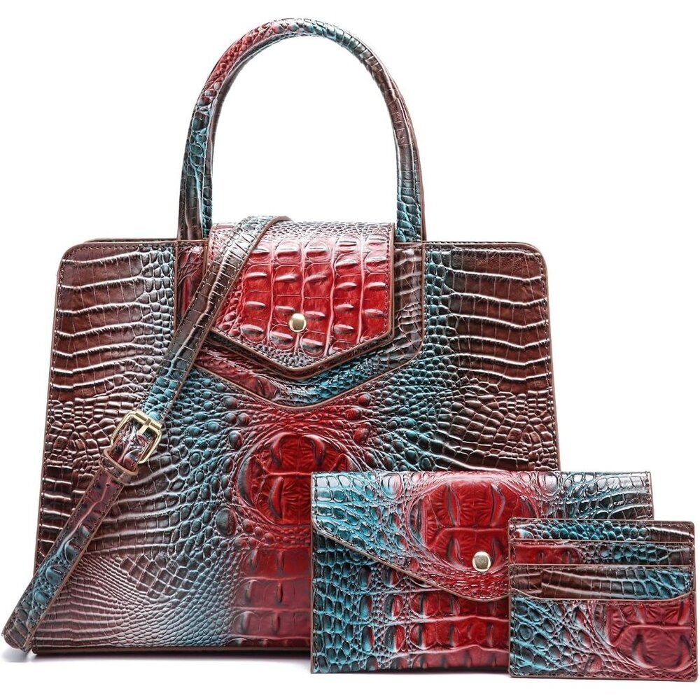 Women's Brown Vegan Leather 3 pcs Set Top Handle Embossed Pattern Satchel Bag